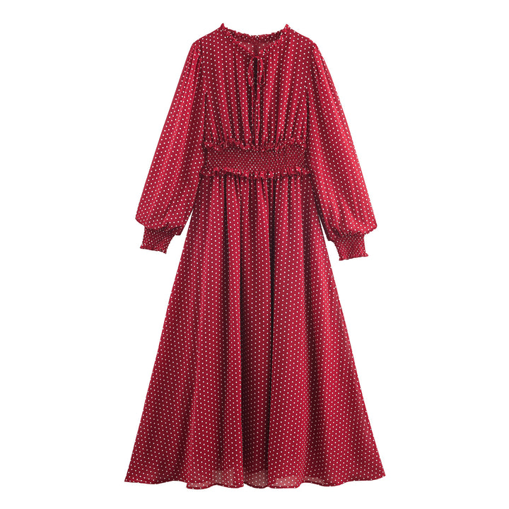 Damen Midikleid mit Smok-Taillenband, Rüschenkragen und Ballonärmeln – Élara