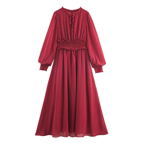 Damen Midikleid mit Smok-Taillenband, Rüschenkragen und Ballonärmeln – Élara
