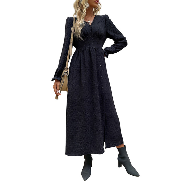 Damen Midikleid mit strukturierter Tupfen-Optik, V-Ausschnitt und tailliertem Empire-Schnitt Echoarchiv