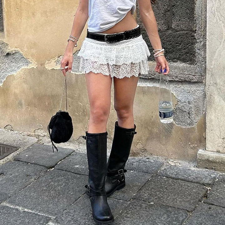 Damen romantischer Spitzenrock mit Rüschendetails und Satinband Echo Archiv