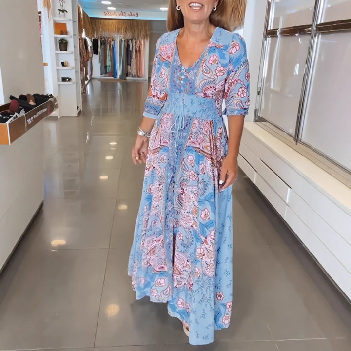 Damen Boho-Maxikleid mit V-Ausschnitt, Knopfleiste und Smokbund Echoarchiv