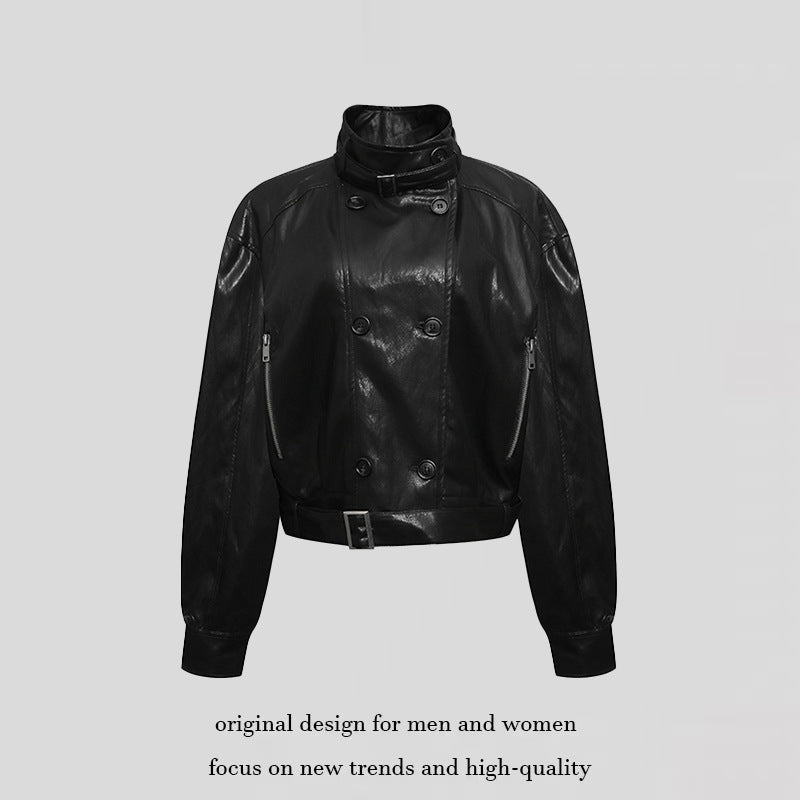 Damen kurze doppeltknöpfte Lederjacke mit Stehkragen und Taillengürtel Echoarchiv