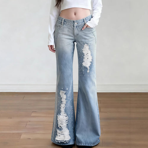 Damen Weite Schlagjeans mit hoher Taille, ausgefransten Rissen und Perlenapplikation Echo Archiv