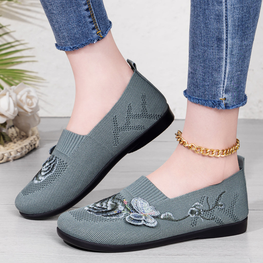 Damen nan bestickter Strick-Slipper mit sockenähnlichem Einstieg, floralem Stickmotiv und gedämpfter Leichtsohle Echo Archiv