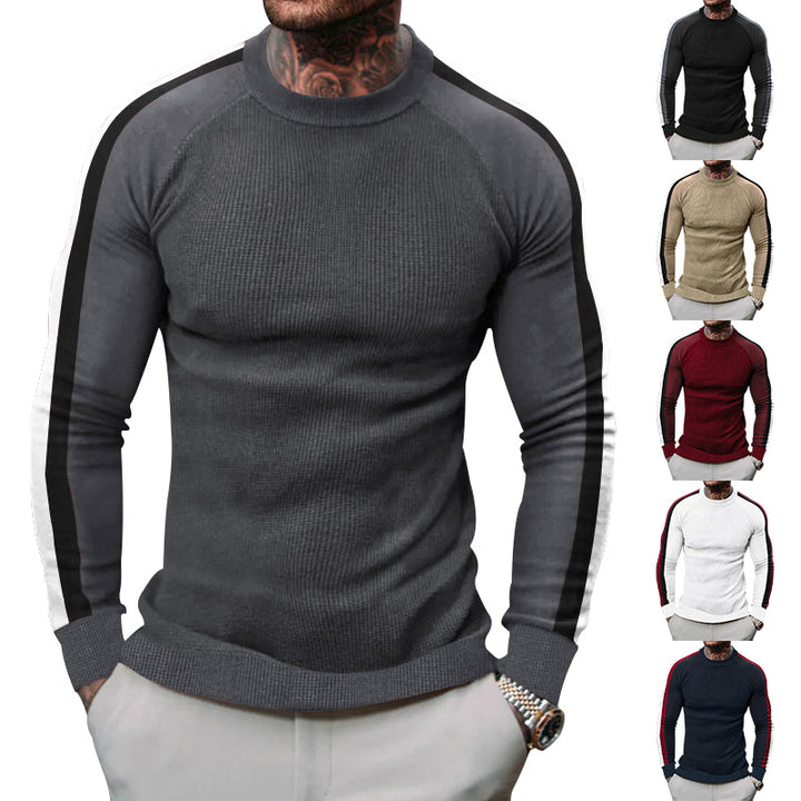 Herren sportlicher Strickpullover mit kontrastierenden Ärmeln und hohem Kragen Echoarchiv