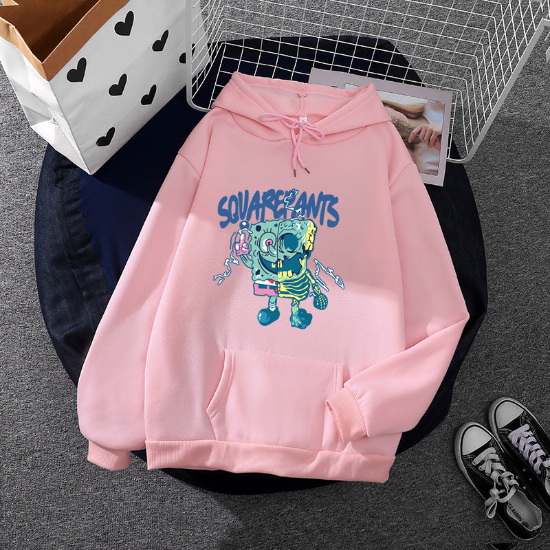 Damen weicher Oversize-Kapuzenpullover mit kawaii Pilzfrosch-Print, Kängurutasche und gerippten Bündchen – Auréline