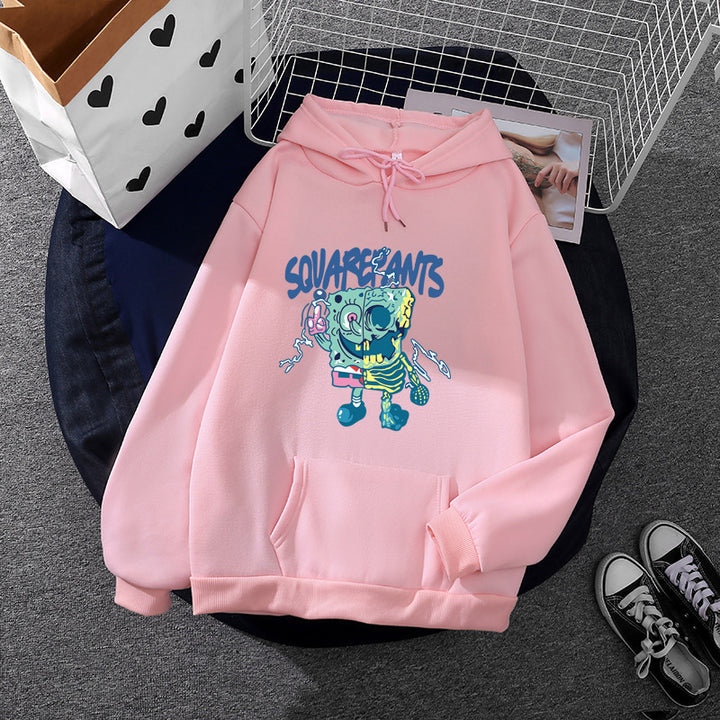 Damen weicher Oversize-Kapuzenpullover mit kawaii Pilzfrosch-Print, Kängurutasche und gerippten Bündchen – Auréline