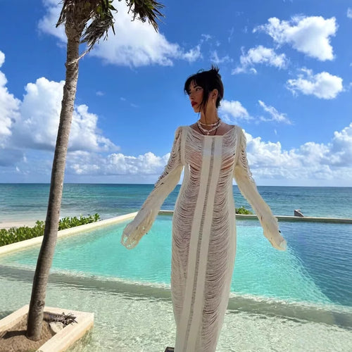Damen elegantes Strandkleid mit raffinierten Fransen und transparenten Elementen Echo Archiv