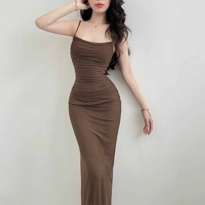 Damen elegantes Maxikleid mit raffinierten Rüschendetails und schmalen Spaghettiträgern Echo Archiv