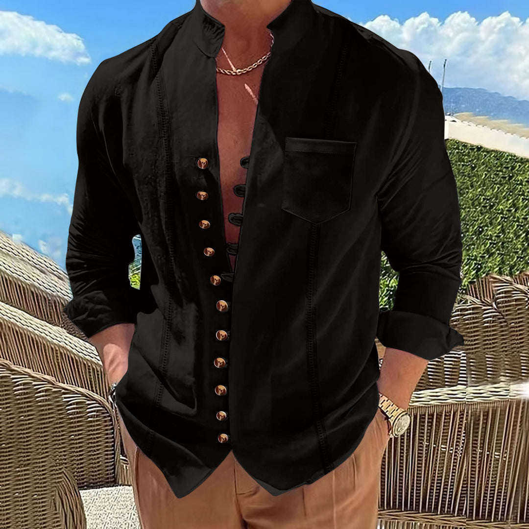 Herren modisches Langarmhemd mit Stehkragen und besonderen Knopfdetails Echoarchiv
