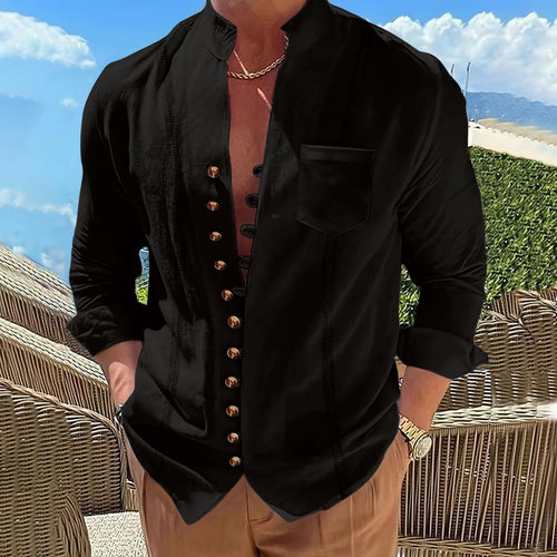 Herren modisches Langarmhemd mit Stehkragen und besonderen Knopfdetails Echoarchiv