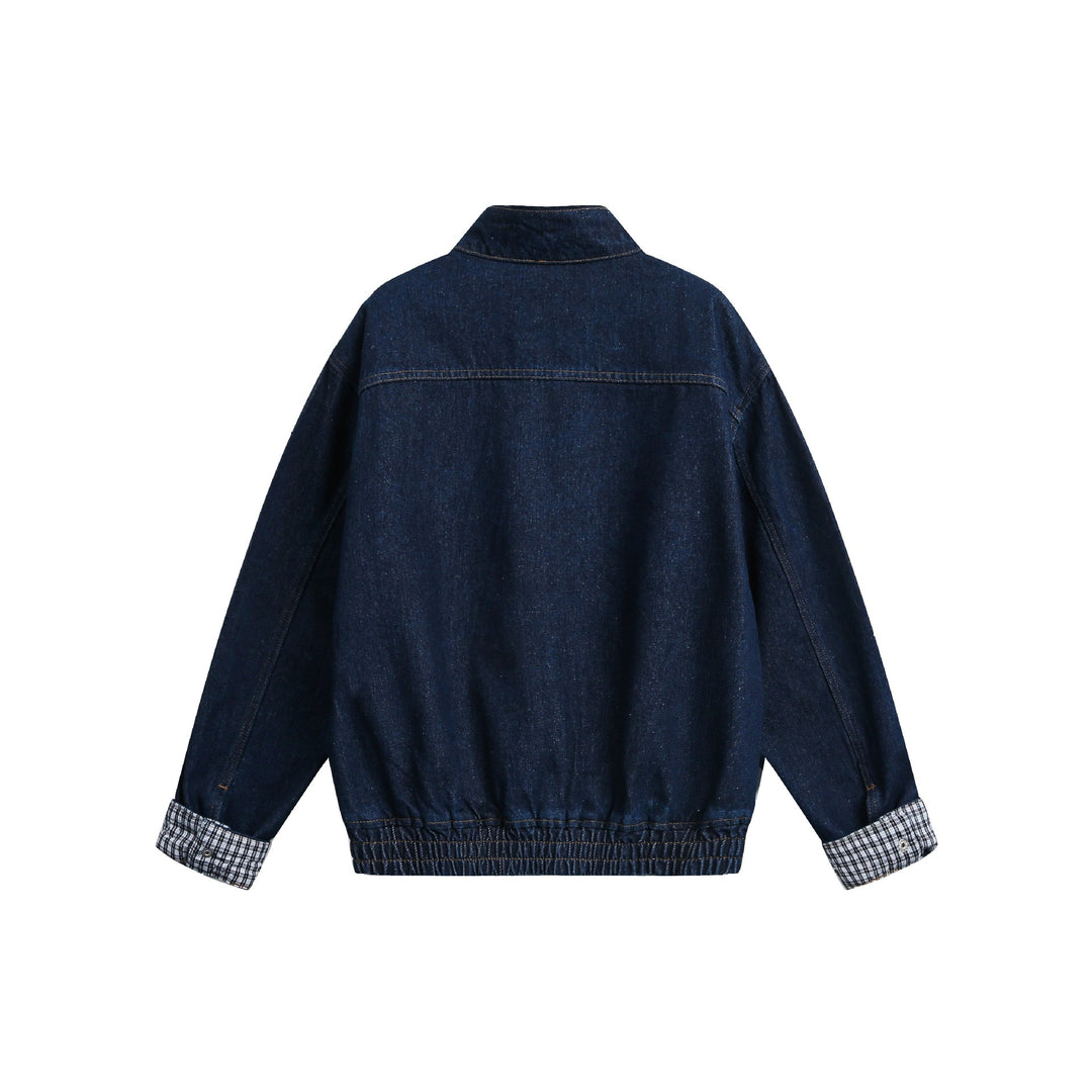 Damen Oversize-Denimjacke mit Stehkragen und Karo-Futter Echoarchiv