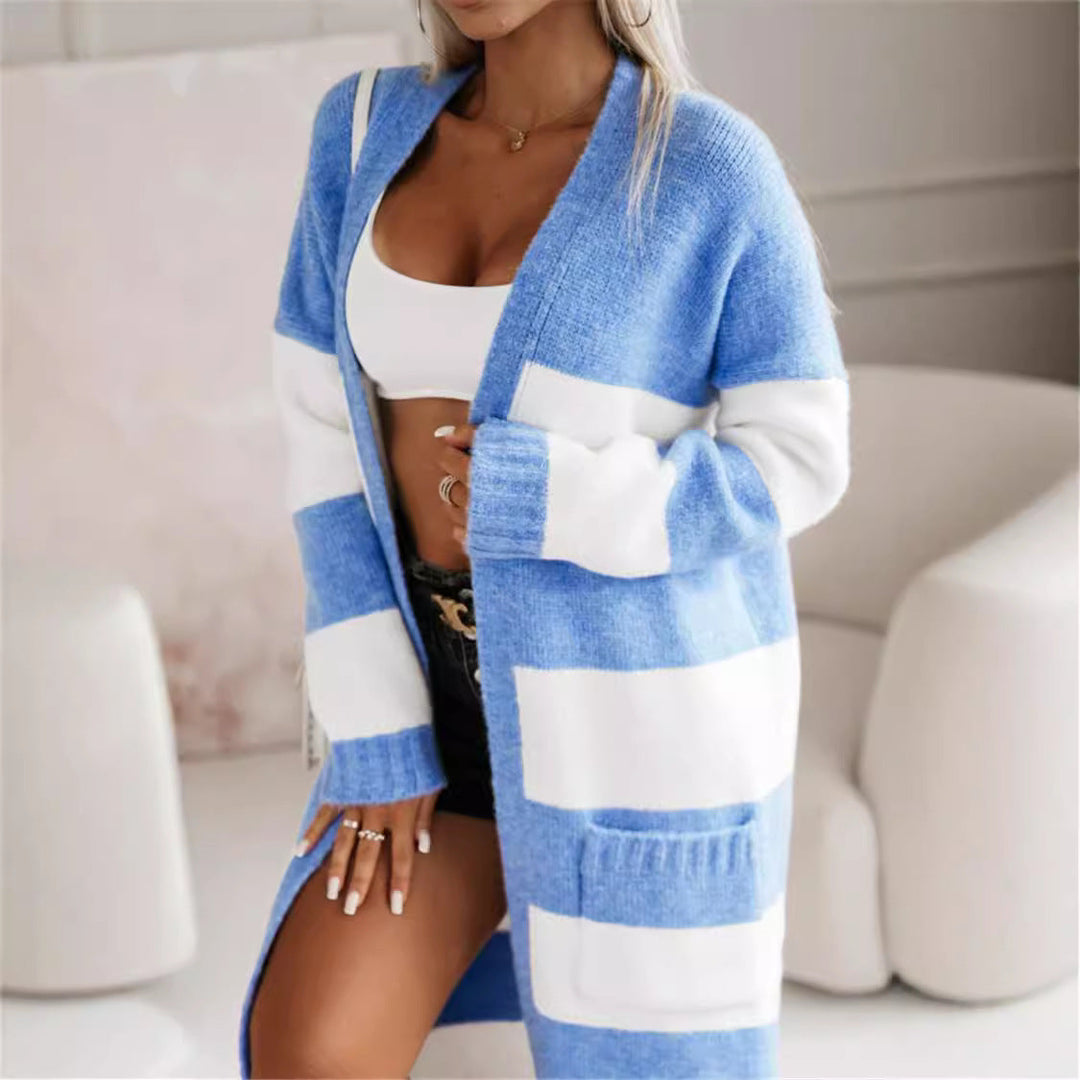 Damen lässiger Strickmantel mit großen Streifen – Veloura