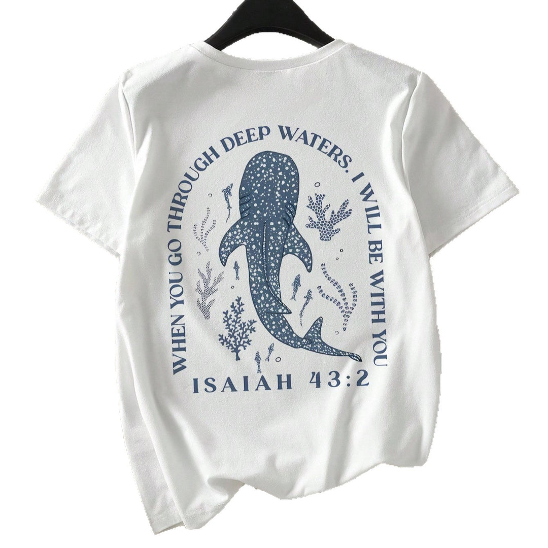 Damen T-Shirt mit kreativem Wahlspruch und kunstvollem Hai-Motiv Echo Archiv
