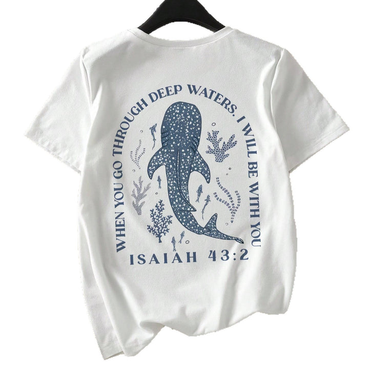 Damen T-Shirt mit kreativem Wahlspruch und kunstvollem Hai-Motiv Echo Archiv