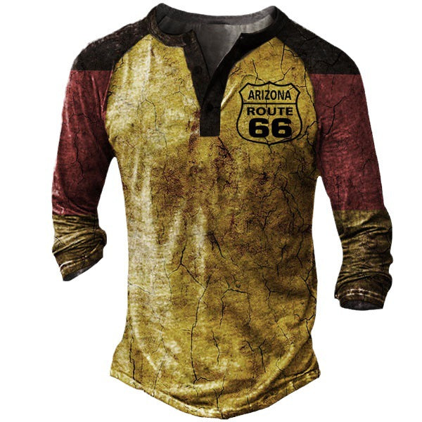 Herren Langarm Henley-T-Shirt mit kreativem Druck und stilvollem Knopfverschluss Echoarchiv