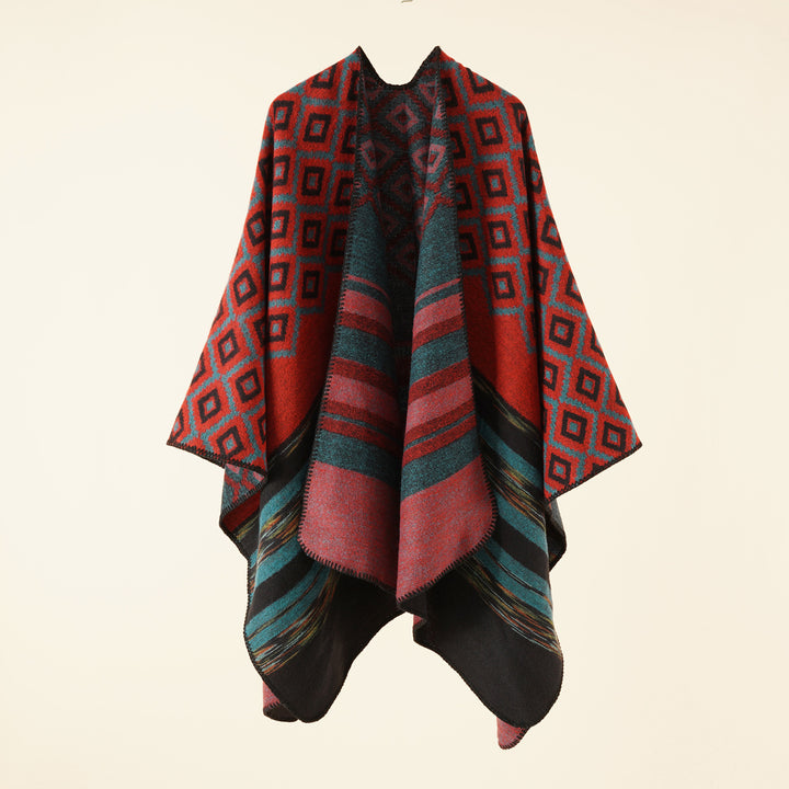 Damen Wollmix-Cape mit reversibler Double-Face-Webung und geometrischem Blockmuster Echo Archiv