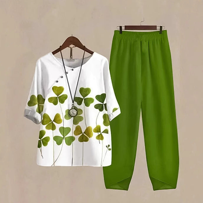 Damen nan zweiteiliges Casual-Ensemble mit Kleeblattprint-Tunika und elastischer Komfortbund-Hose Echo Archiv