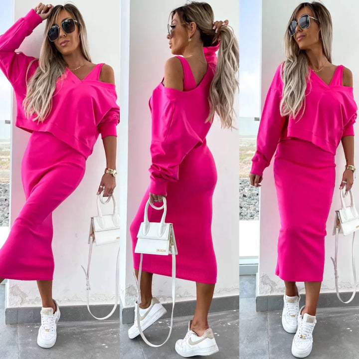 Damen nan zweiteiliges Midirock-Set mit off-shoulder Oversize-Sweatshirt und figurbetontem Bleistiftrock Echo Archiv