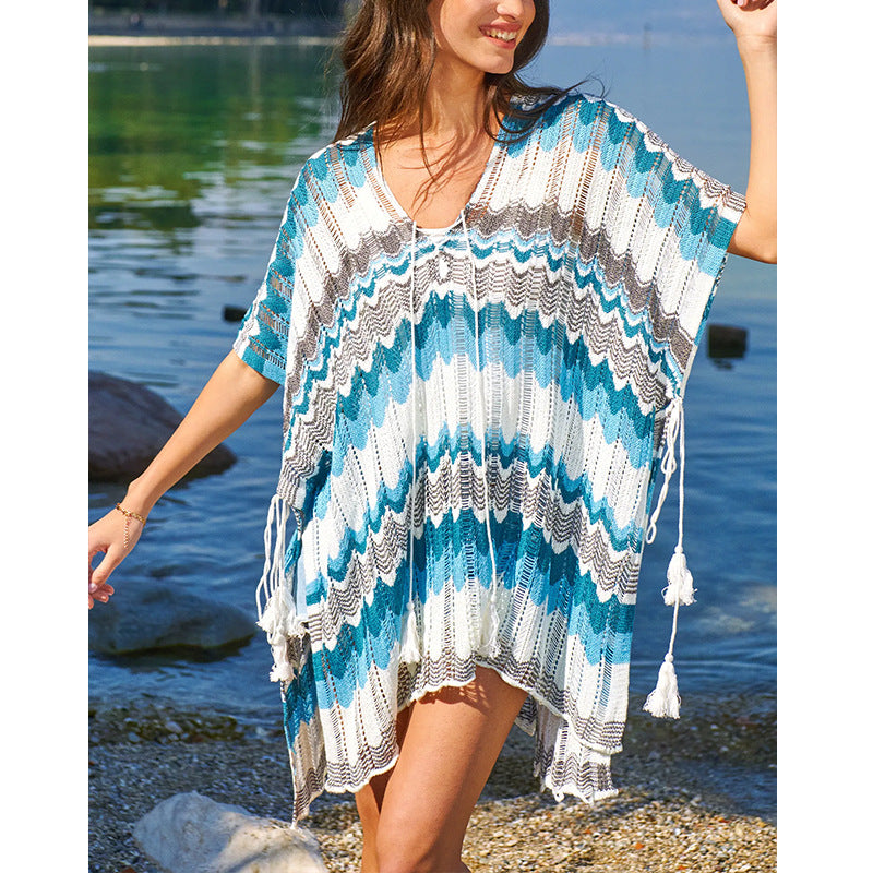 Damen lässiger Strandkimono im Wellenmuster mit offenen Ärmeln und seitlichen Schlitzen Echo Archiv