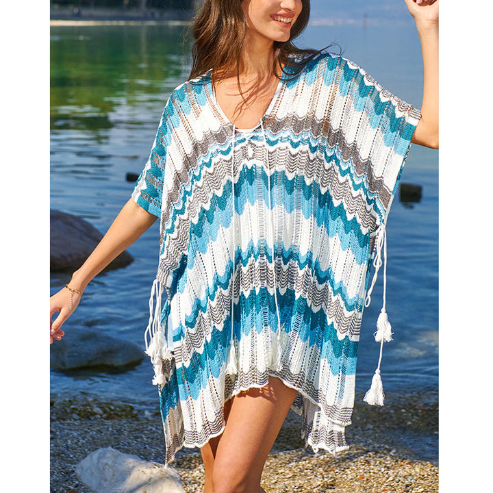 Damen lässiger Strandkimono im Wellenmuster mit offenen Ärmeln und seitlichen Schlitzen Echo Archiv