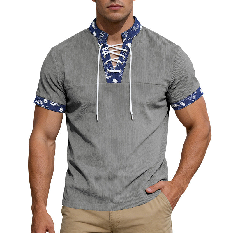 Herren nan Kurzarm-Schnürshirt mit Bandana-Besatz und strukturierter Jerseyqualität Echo Archiv