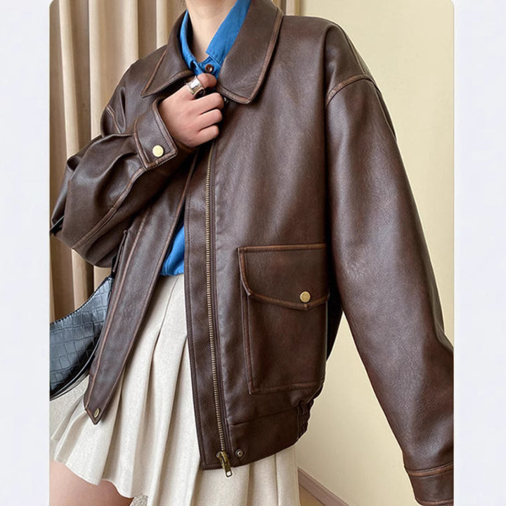Damen Oversized-Kunstlederblouson mit Hemdkragen, aufgesetzten Pattentaschen und verdeckter Reißverschlussleiste Echo Archiv