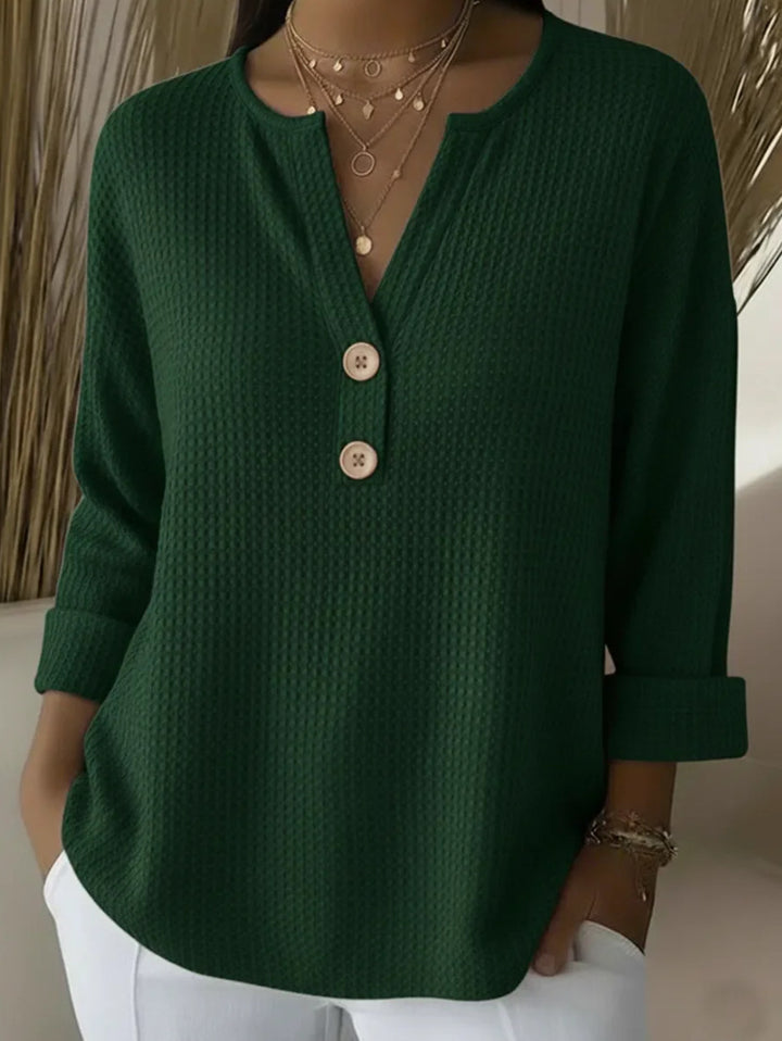 Damen Waffelstruktur Henley-Shirt mit V-Ausschnitt kurze Knopfleiste und krempelbaren 3/4-Ärmeln – Avérine