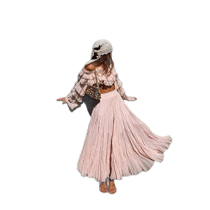 Damen Boho Zweiteiler mit bauchfreiem Volant-Top und plissiertem Maxirock Echoarchiv