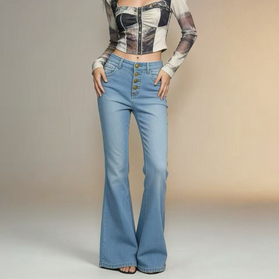 Damen Schlagjeans mit bunten Knopfdetails und hohem Bund Echo Archiv