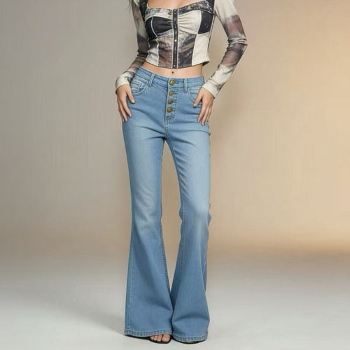 Damen Schlagjeans mit bunten Knopfdetails und hohem Bund Echo Archiv