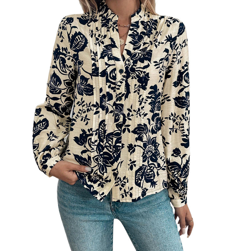 Damen Locker geschnittene Bluse mit Stehkragen, Kellerfalten und floralem Print – Élovi