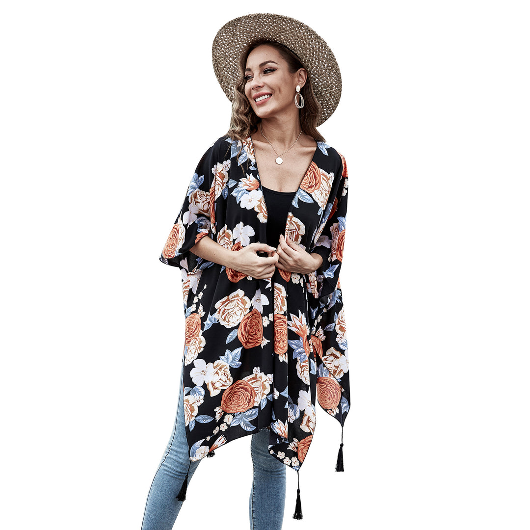 Damen Verspielter Kaftan‑Kimono‑Überwurf aus leichter Viskose mit asymmetrischem Zipfelsaum – Célinea