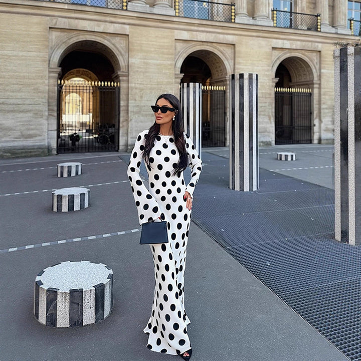 Damen Figurbetontes Polka-Dot Maxikleid mit Trompetenärmeln & Rundhalsausschnitt Echoarchiv