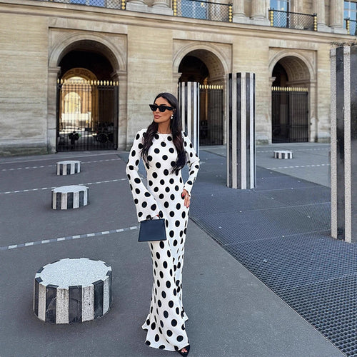 Damen Figurbetontes Polka-Dot Maxikleid mit Trompetenärmeln & Rundhalsausschnitt Echoarchiv