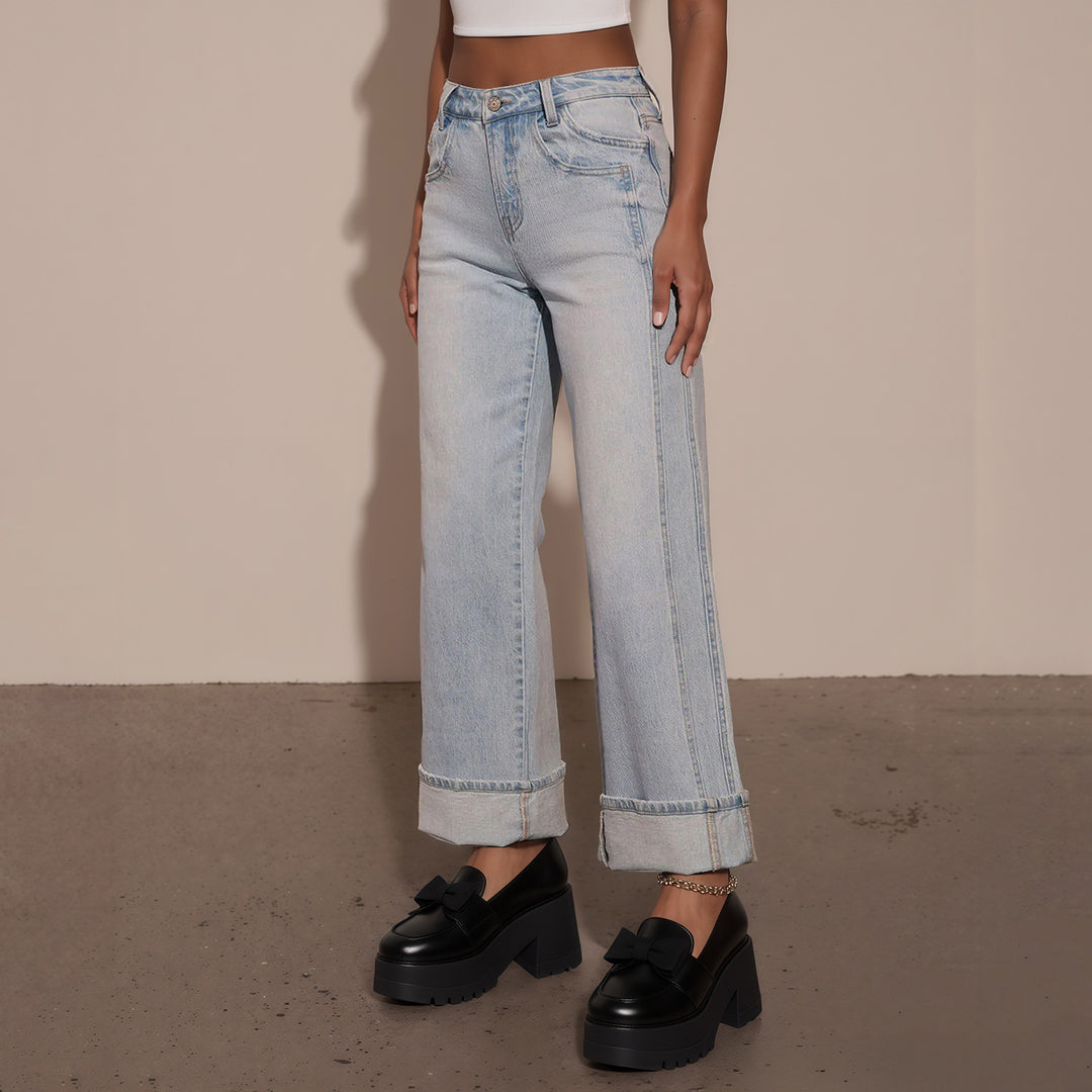 Damen Hochtaillierte weite Jeans mit extra breitem Umschlag Echo Archiv