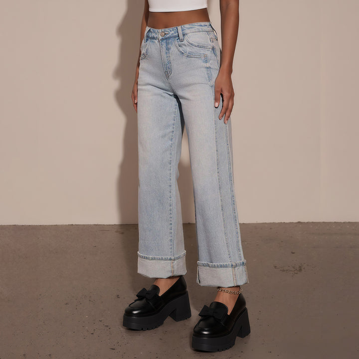 Damen Hochtaillierte weite Jeans mit extra breitem Umschlag Echo Archiv