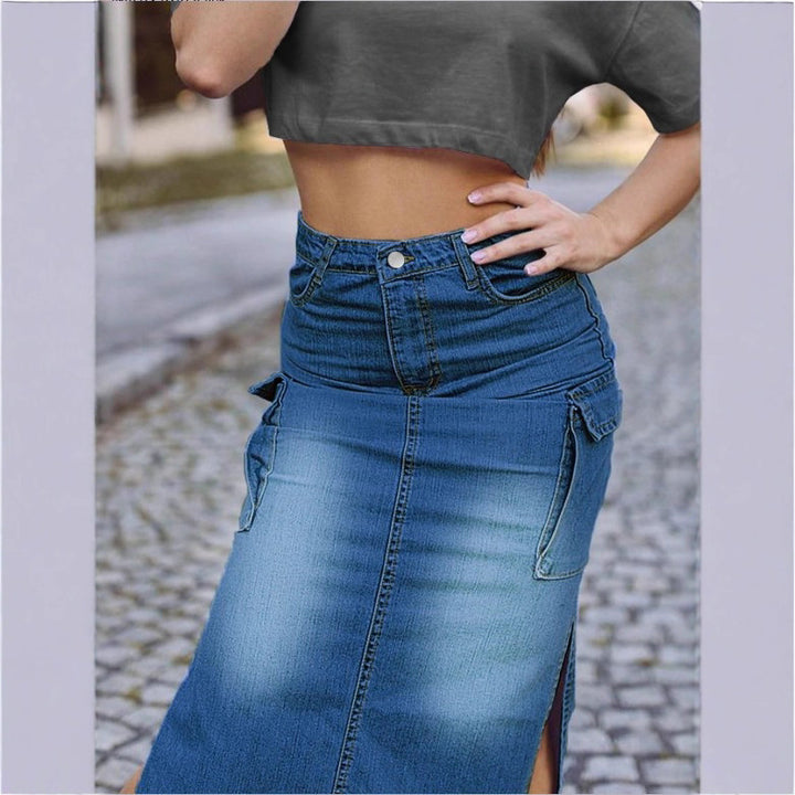 Damen Hochtaillierter Denim-Midirock mit Cargo‑Taschen, seitlichen Beinschlitzen und taillenbetonendem Schnitt Echo Archiv