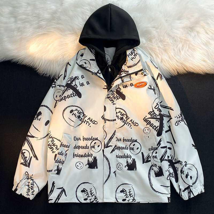 Herren mehrlagige Übergangsjacke mit Kapuzen-Innenlayer und Smiley-Graffiti-Print Echoarchiv