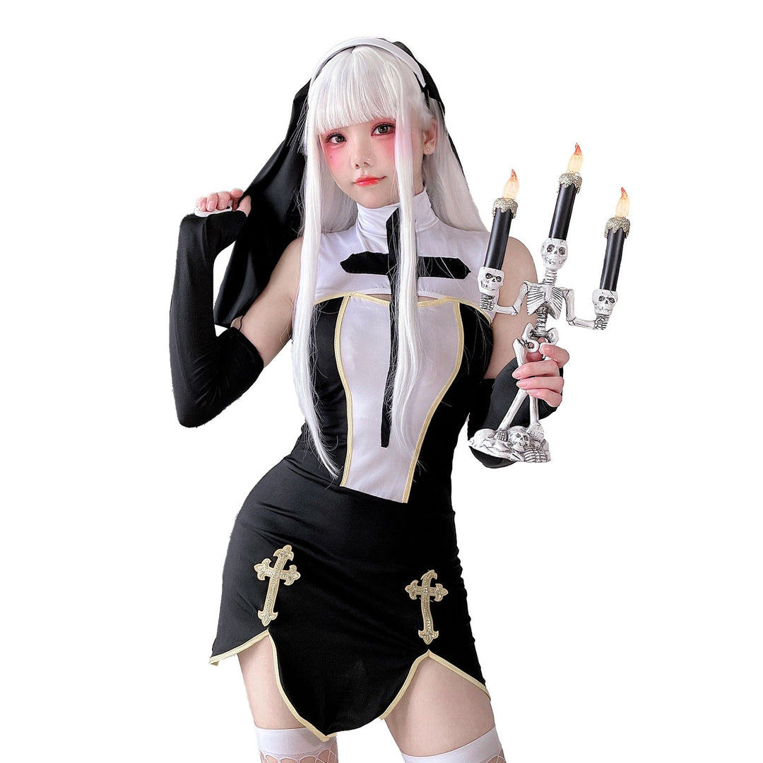 Damen Gothic Minikleid mit Spitzenärmeln und Kreuzdetails Echo Archiv