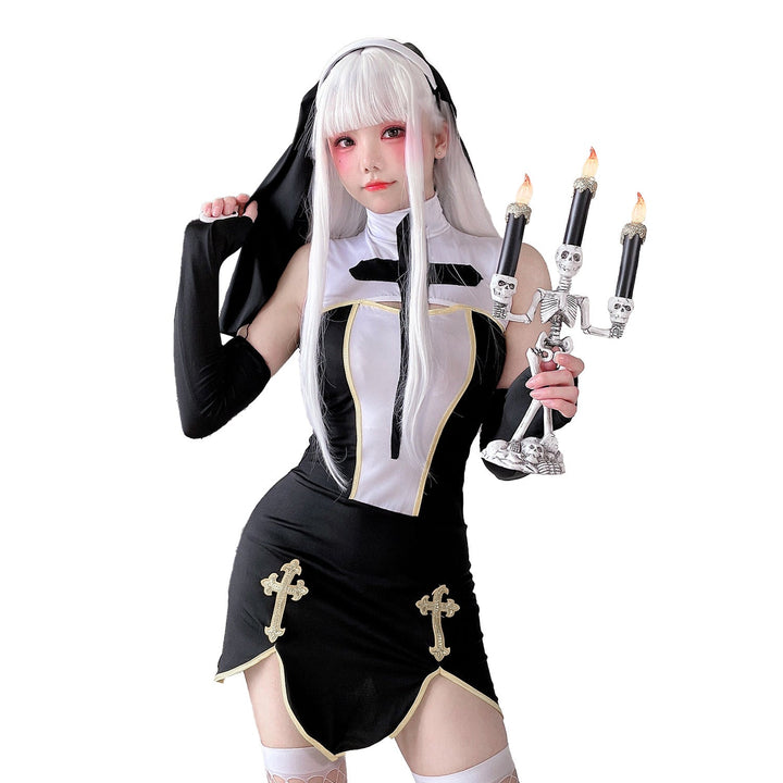 Damen Gothic Minikleid mit Spitzenärmeln und Kreuzdetails Echo Archiv