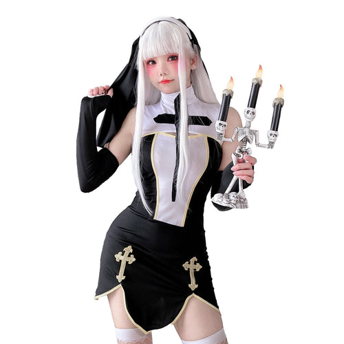Damen Gothic Minikleid mit Spitzenärmeln und Kreuzdetails Echo Archiv