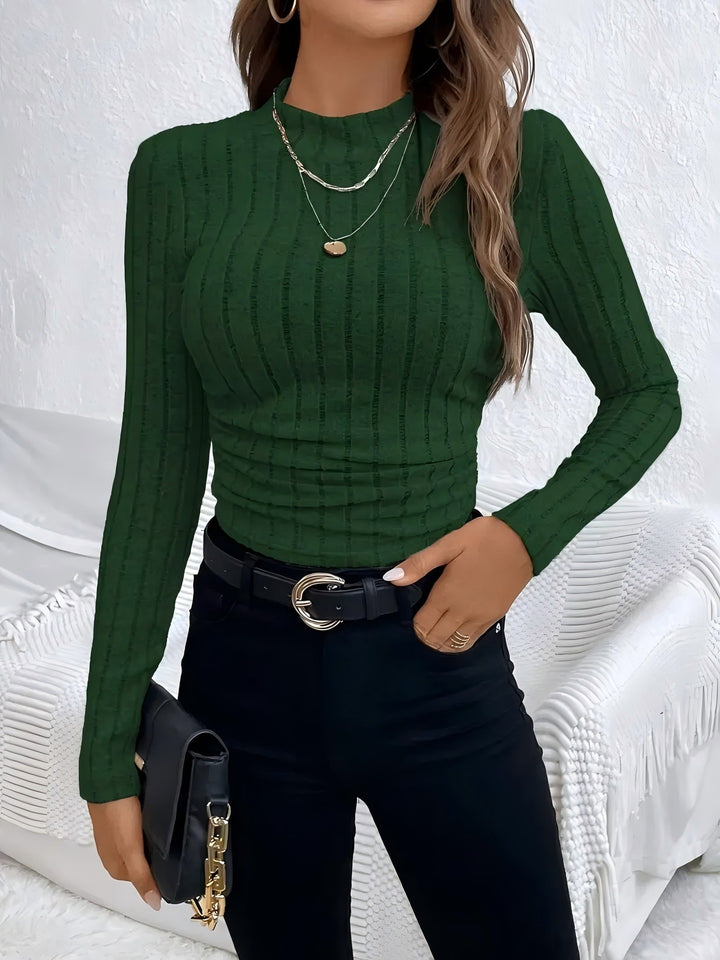 Damen Figurnahes geripptes Langarmshirt mit Stehkragen und Strukturstreifen Echo Archiv