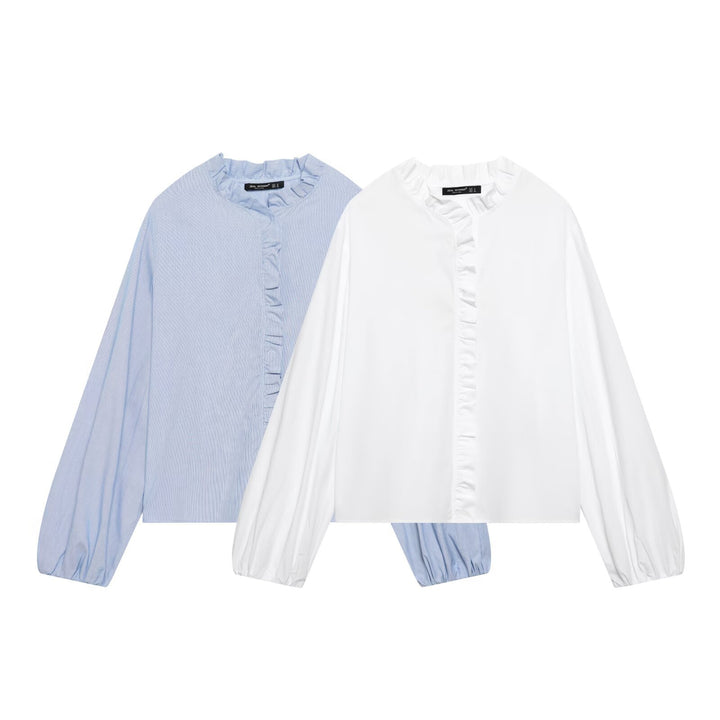 Damen Gestreifte Cropped-Bluse mit Rüschendetail und Ballonärmeln Echoarchiv