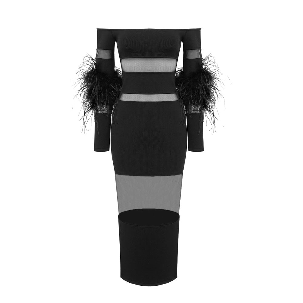 Damen Elegantes Kleid mit transparenten Einsätzen und federverzierten Ärmeln Echo Archiv