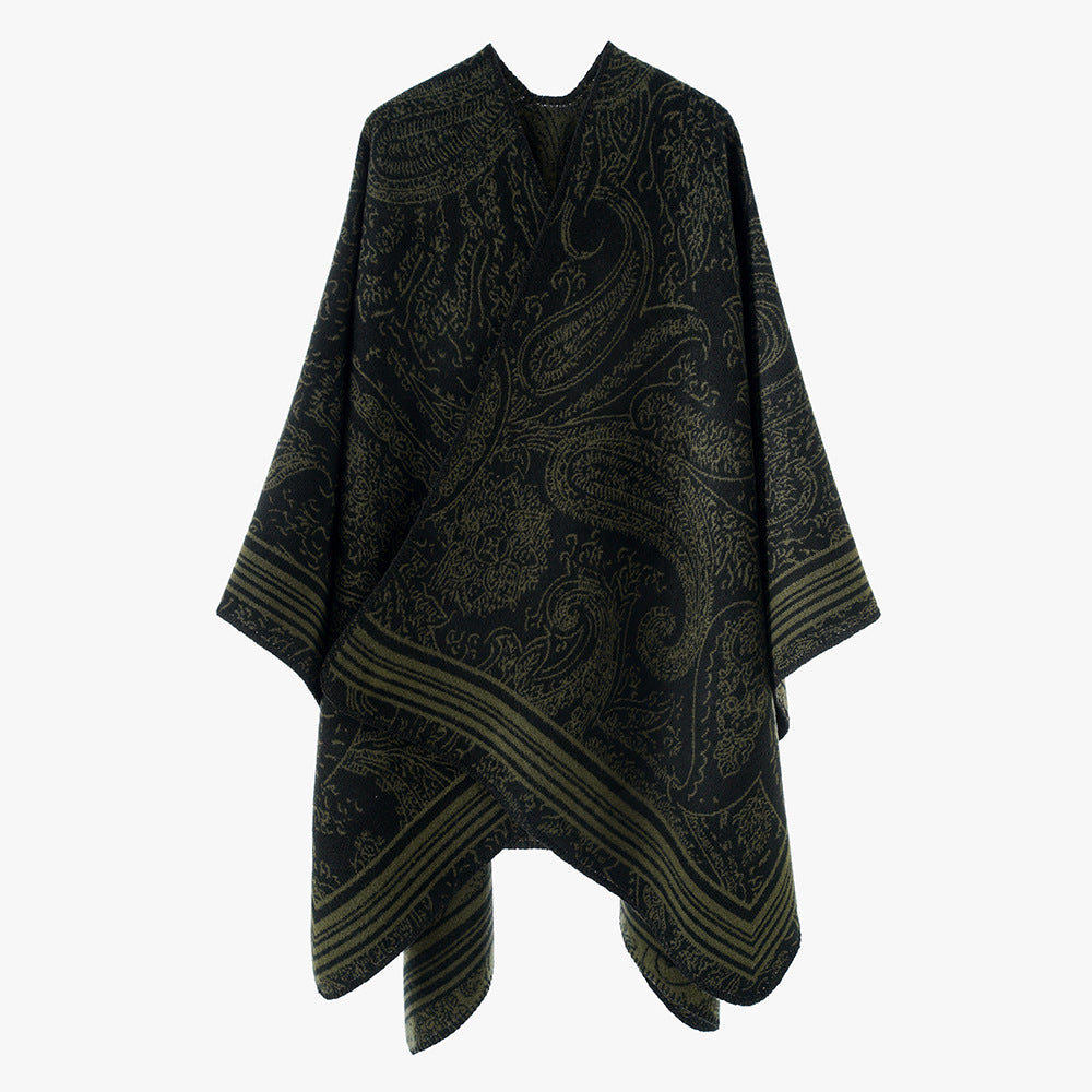 Damen Jacquard-Poncho im Ruana-Schnitt mit Paisley-Muster und breiter Bordüre – Avérine