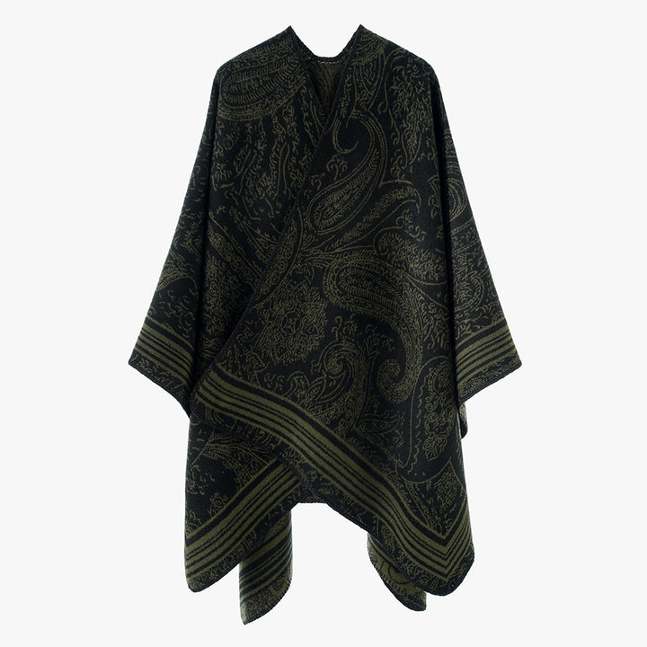 Damen Jacquard-Poncho im Ruana-Schnitt mit Paisley-Muster und breiter Bordüre – Avérine