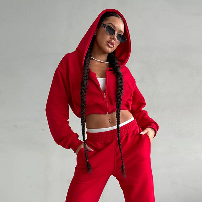 Damen kurzes Zip-Kapuzensweatshirt mit tailliertem Bündchen und weitem High‑Waist French‑Terry Jogginghose Set – Auréline