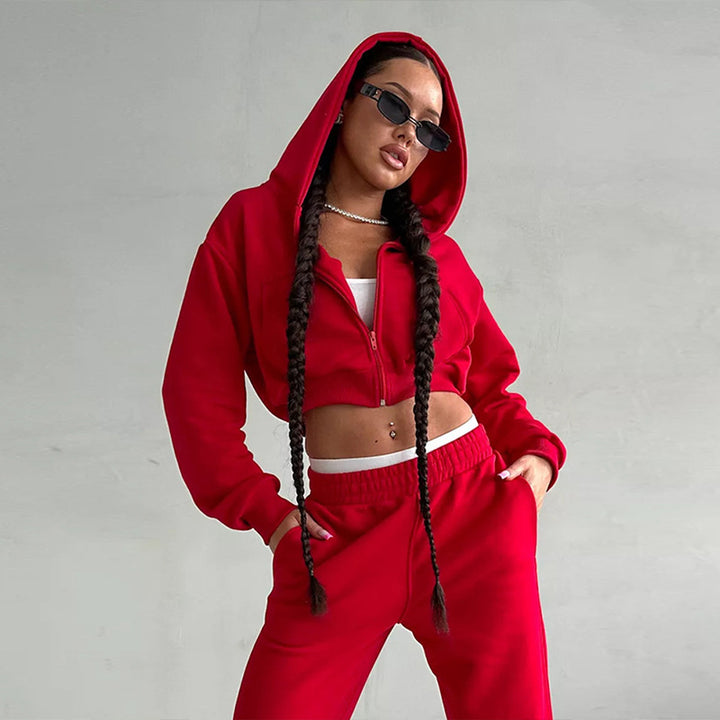 Damen kurzes Zip-Kapuzensweatshirt mit tailliertem Bündchen und weitem High‑Waist French‑Terry Jogginghose Set – Auréline