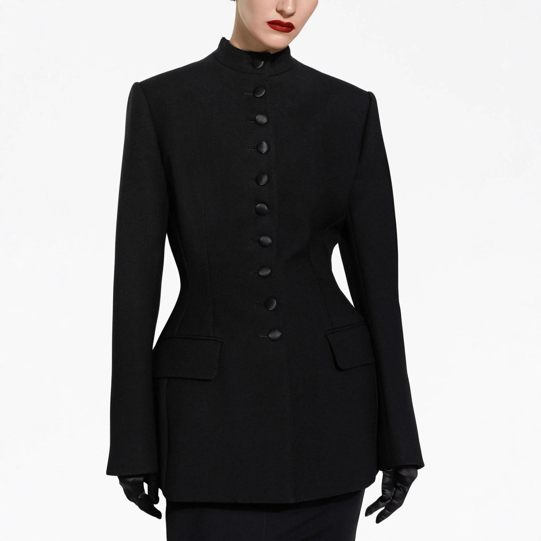 Damen Taillierter Blazer mit Stehkragen, strukturierter Schulter und dekorativer Knopfleiste Echoarchiv
